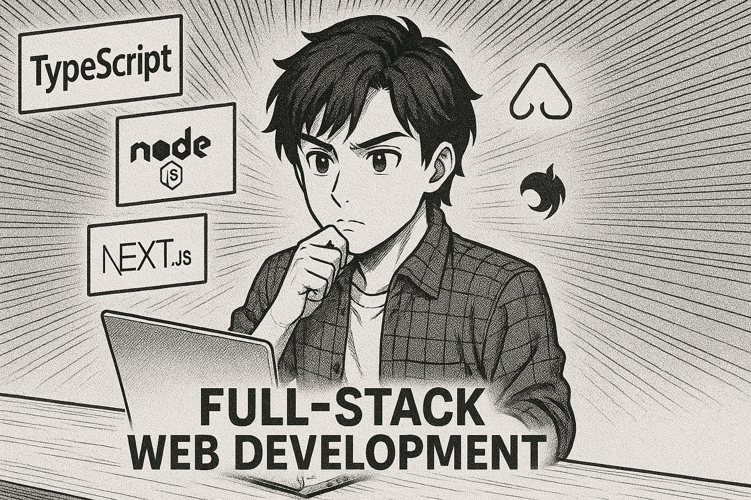 マンガ風の少年、ノートパソコンとTypeScript付き