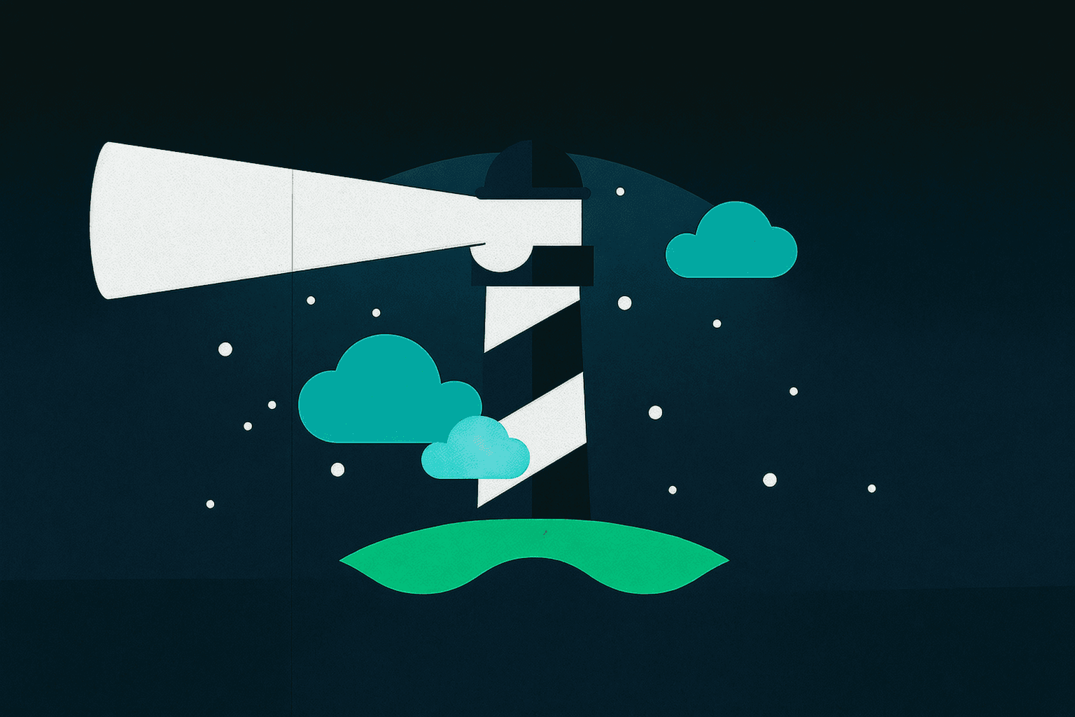 夜の丘にある縞模様の灯台のイラスト。明るい光が照らされている。